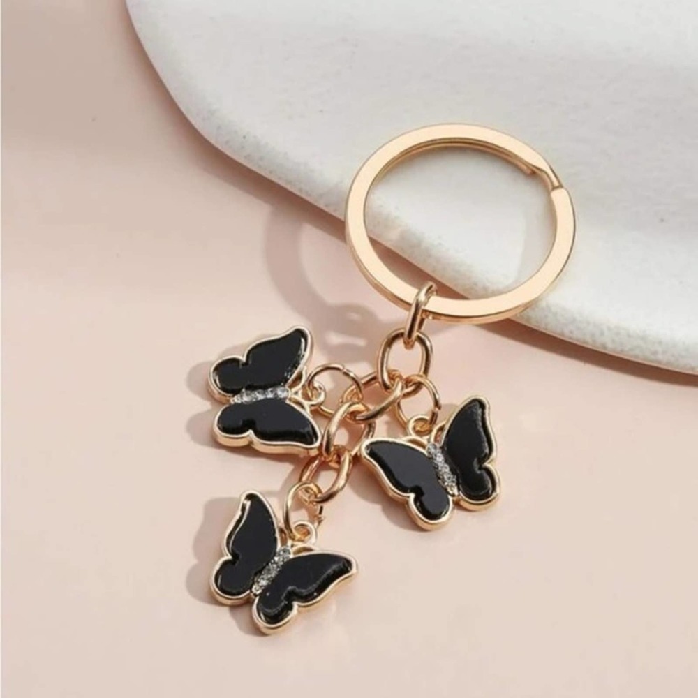 Black Butterflies Keyring Gold Rhinestone Triple Crystal Butterfly Keychain NEW - Picture 1 of 5